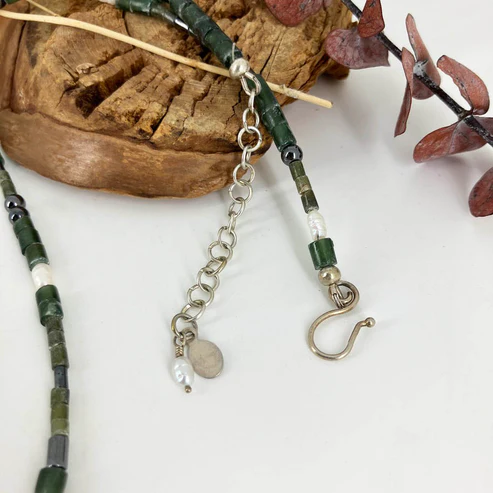 Fine Silver Tube bead on Deep Green Aventurine, Pearl and Hematite necklace