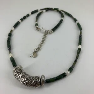 Fine Silver Tube bead on Deep Green Aventurine, Pearl and Hematite necklace