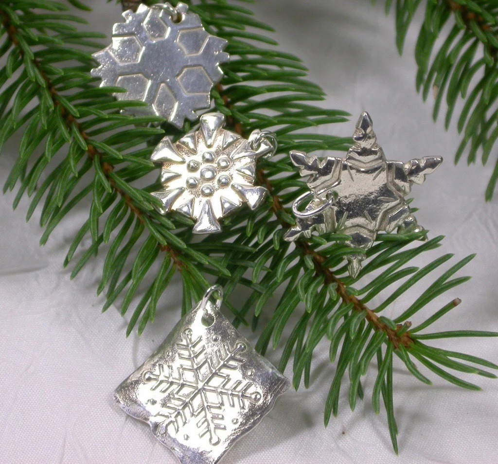 Snowflakes falling caught on a pendant with a fine silk necklace