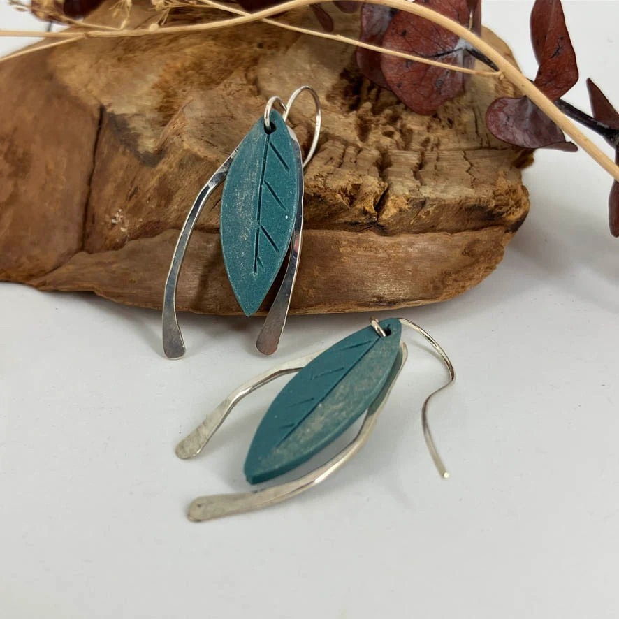 Gold Dusted Leaves of Blue Earrings with Silver Accent Wires