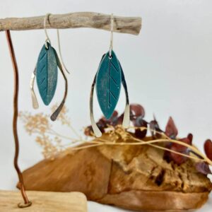 Gold Dusted Leaves of Blue Earrings with Silver Accent Wires