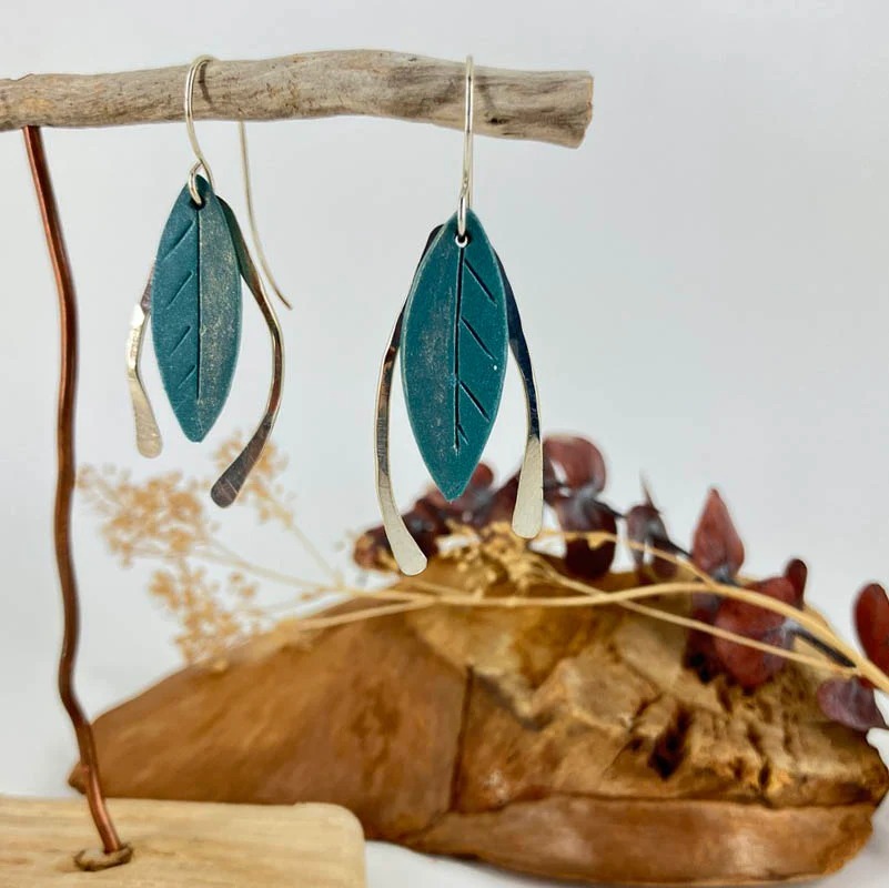 Gold Dusted Leaves of Blue Earrings with Silver Accent Wires