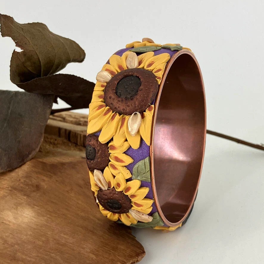 Sunflower Explosion 3D Bangle Bracelet on Purple