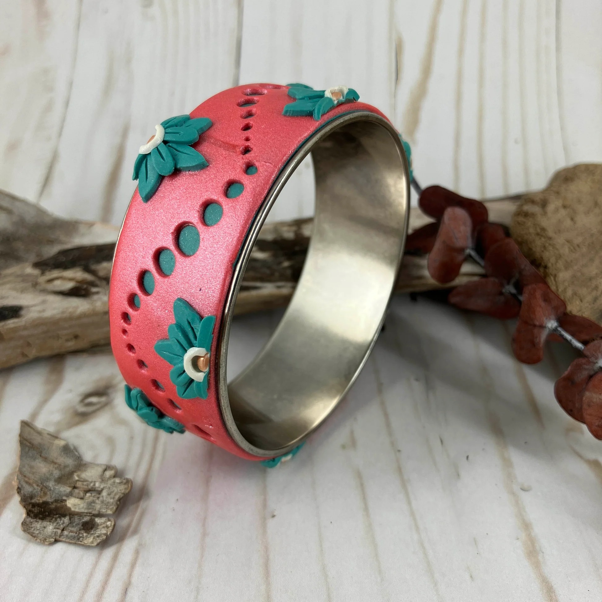 Waves of Turquoise and Coral Bangle Bracelet