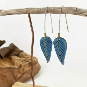 Stylish Long Hooks Earrings with blue Leaf Drop