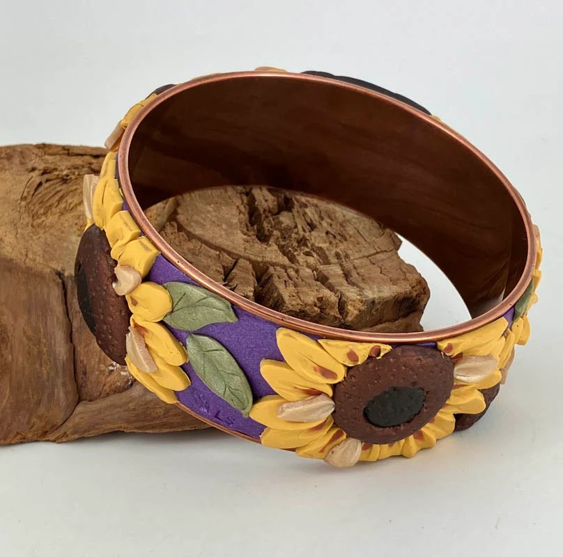 Sunflower Explosion 3D Bangle Bracelet on Purple