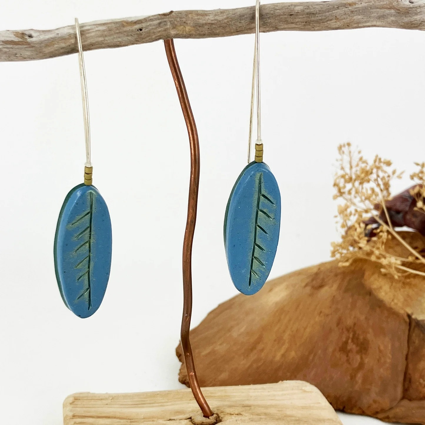 Blue Leaves Long Drop Earrings